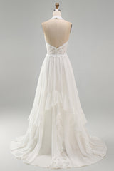 Ivory Chiffon Ruffled A-Line Sweep Train Beach Wedding Dress with Lace