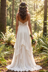 Ivory Chiffon Ruffled A-Line Sweep Train Beach Wedding Dress with Lace