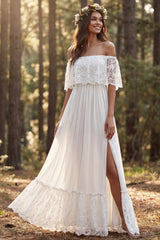 Ivory Chiffon Sweep Train A-Line Beach Wedding Dress