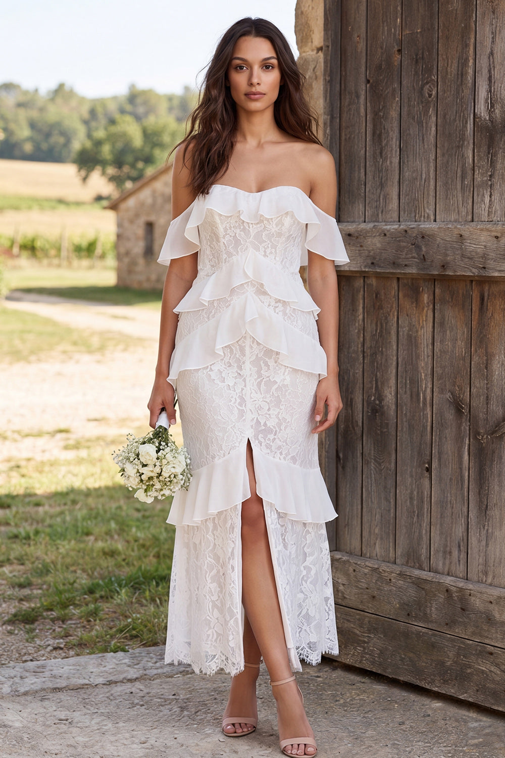 Ivory Lace Tiered Ruffled Mermaid Long Engagement Dress with Slit