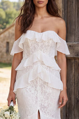 Ivory Lace Tiered Ruffled Mermaid Long Engagement Dress with Slit