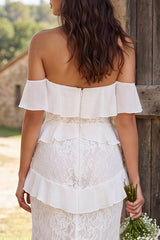 Ivory Lace Tiered Ruffled Mermaid Long Engagement Dress with Slit