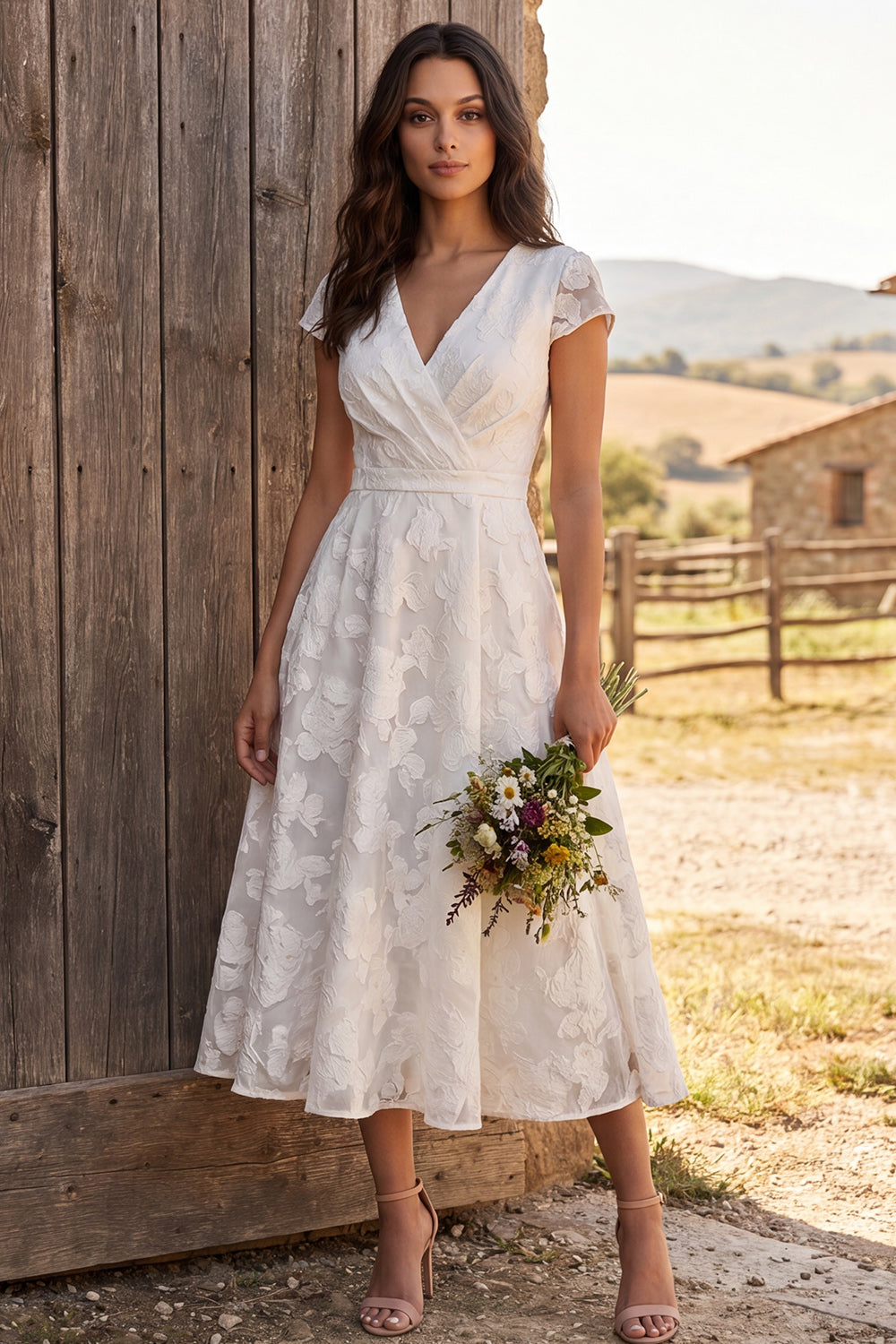 Ivory Floral Ruched A-Line Cap Sleeves Maxi Engagement Dress