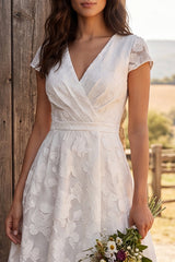 Ivory Floral Ruched A-Line Cap Sleeves Maxi Engagement Dress