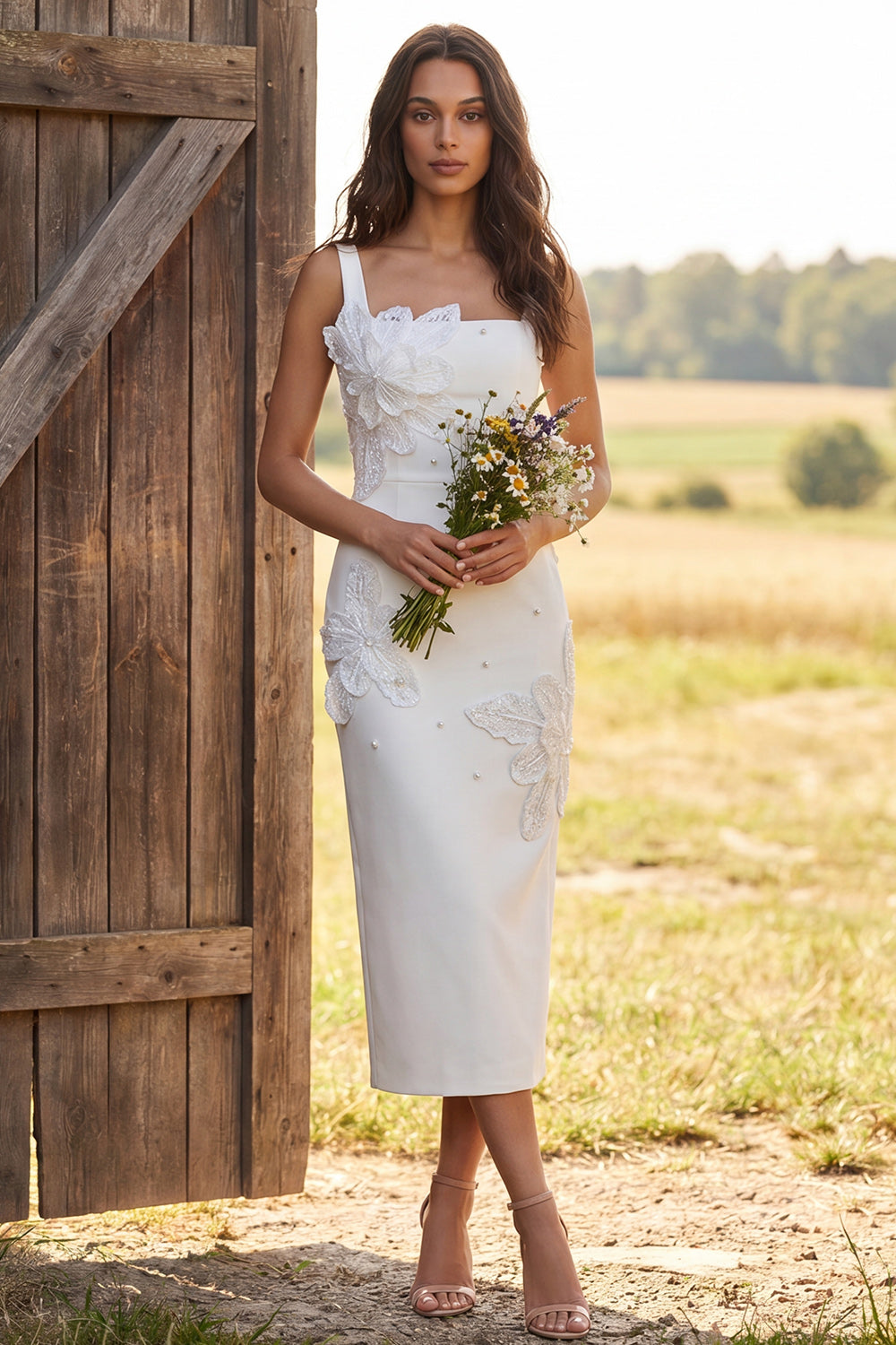 Floral Ivory Square Neck Sheath Maxi Engagement Dress with Beading