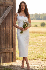 Floral Ivory Square Neck Sheath Maxi Engagement Dress with Beading