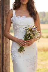 Floral Ivory Square Neck Sheath Maxi Engagement Dress with Beading