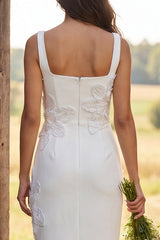 Floral Ivory Square Neck Sheath Maxi Engagement Dress with Beading