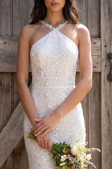 Sparkly Ivory Sequin Halter Neck Sheath Maxi Engagement Dress
