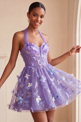 Glitter Light Purple Corset A-Line Short Homecoming Dress with 3D Butterflies