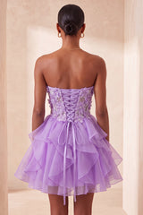 Floral Light Purple Corset Ruffled Short Homcoming Dress