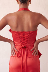 Red Satin Ruched Tight Short Homecoming Dress with Bow