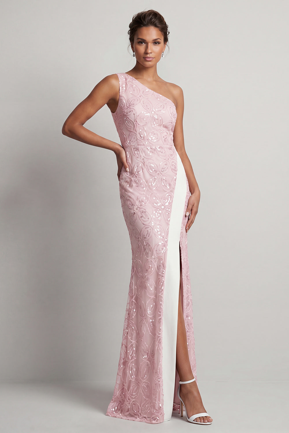 Long Mermaid Sequin Sparkly Light Pink Mother of the Bride Dress with Slit