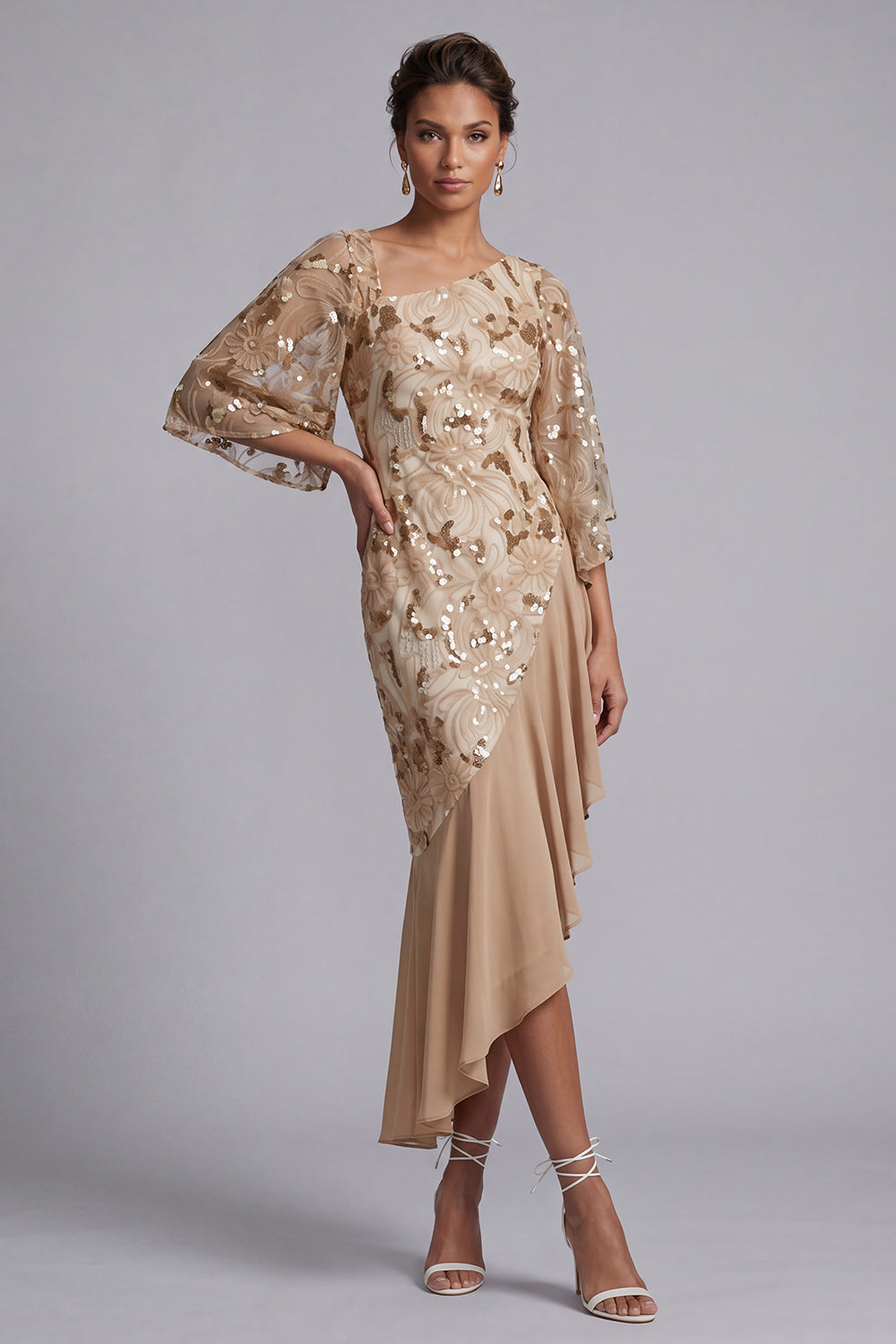 Floral Champagne Sparkly Sequin Mermaid Asymmetrical Mother of the Bride Dress
