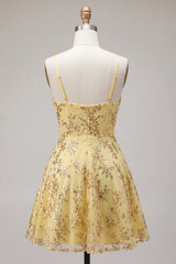Sparkly Yellow Sequin Spaghetti Straps A-Line Short Homecoming Dress