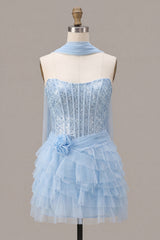 Sparkly Sky Blue Corset Sequin Tiered Ruffled Short Homecoming Dress