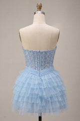 Sparkly Sky Blue Corset Sequin Tiered Ruffled Short Homecoming Dress