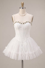White Lace Corset A-Line Short Homecoming Dress with 3D Flowers