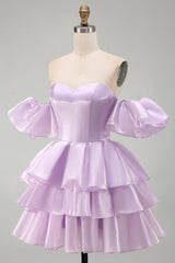 Lilac Tiered Ruffled Short A Line Homecoming Dress with Sleeves