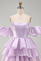 Lilac Tiered Ruffled Short A Line Homecoming Dress with Sleeves