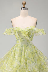 Yellow Green Floral Ruffled A Line Off the Shoulder Short Homecoming Dress