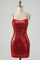 Sparkly Red Tight Spaghetti Straps Sequins Short Homecoming Dress