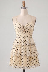 Champagne Black Dot Tiered A Line Keyhole Short Homecoming Dress