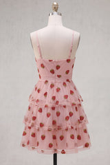 Pink Printed Tiered A Line Ruched Keyhole Short Homecoming Dress