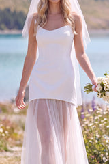 White A Line Strapless Tulle Sweep Train Wedding Dress
