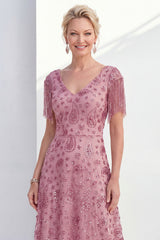 Dusty Rose A Line Sparkly Floral V-Neck Long Mother of the Bride Dress with Fringes