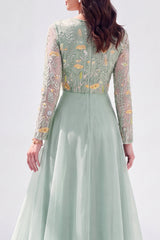 Green Floral Illusion Boat Neck Long Sleeves Mother of the Bride Dress