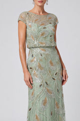 Sparkly Green Illusion Boat Neck Beaded Sheath Long Mother of the Bride Dress