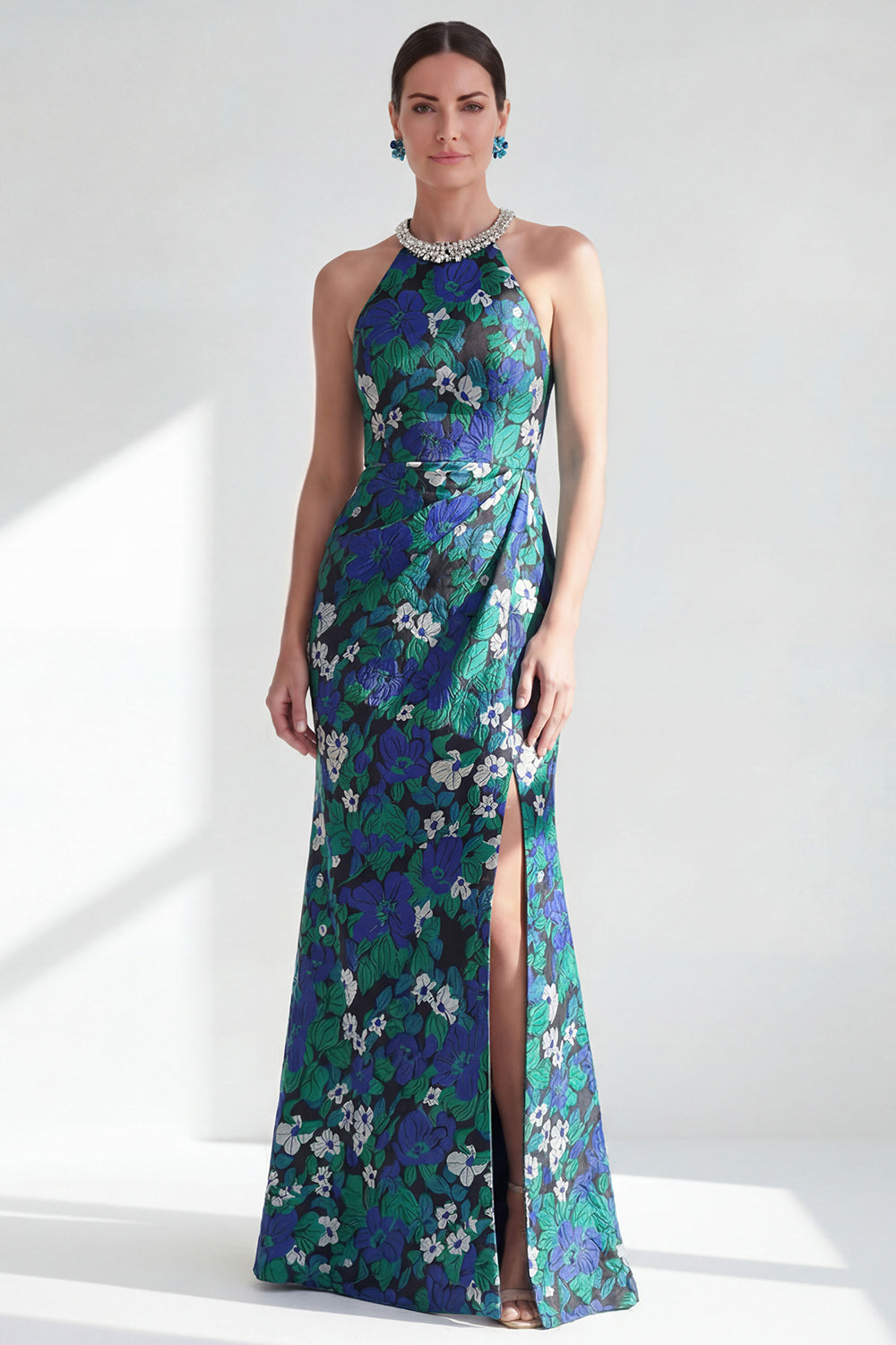 Green Flower Long Mermaid Halter Mother of the Bride Dress with Slit