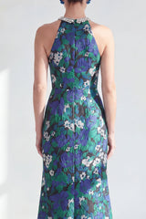Green Flower Long Mermaid Halter Mother of the Bride Dress with Slit