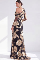 Black Champagne Floral One Shoulder Long Mother of the Bride Dress with Slit