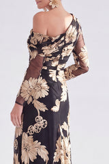 Black Champagne Floral One Shoulder Long Mother of the Bride Dress with Slit