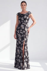 Black Floral Mermaid Long Mother of the Bride Dress with Slit