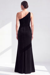 Black Velvet Mermaid One Shoulder Long Mother of the Bride Dress