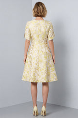 Light Yellow A-Line Round Neck Jacquard Midi Work Dress