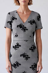 Black and White Plaid Pencil V-Neck Floral Midi Work Dress with Sleeves