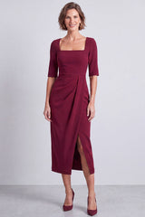 Burgundy Pencil Half Sleeves Square Neck Ruched Midi Work Dress with Slit