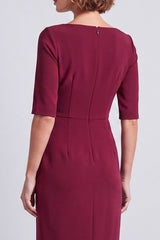 Burgundy Pencil Half Sleeves Square Neck Ruched Midi Work Dress with Slit