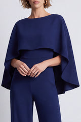 Navy Boat Neck Long Work Jumpsuits with Cape