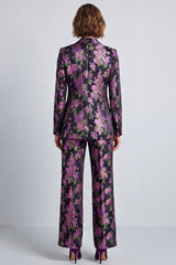 Black Purple Flower Jacquard Notched Lapel Two Piece Prom Suits
