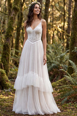 Ivory Polka Dots A-Line Ruffled Sweep Train Boho Wedding Dress