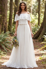Ivory Off the Shoulder Lace Sweep Train Boho Wedding Dress