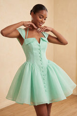 Mint Green A-Line Short Homecoming Dress with Covered Buttons
