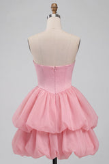 Pink Halter Tiered Short Corset Homecoming Dress with Covered Buttons