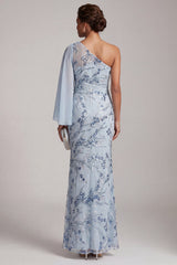 Sky Blue Mermaid One Shoulder Floral Long Mother of the Bride Dress with Side Cape