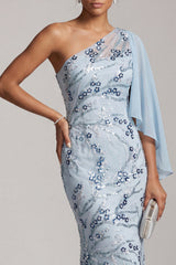 Sky Blue Mermaid One Shoulder Floral Long Mother of the Bride Dress with Side Cape